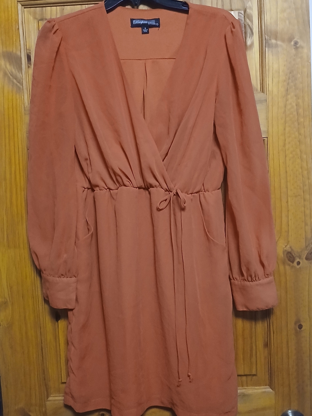 Coral Long-Sleeve Faux Wrap Dress with Tie Waist